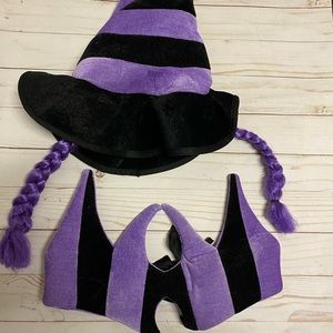 Plush Purple and Black Striped Kid’s Witch Hat with matching collar costume